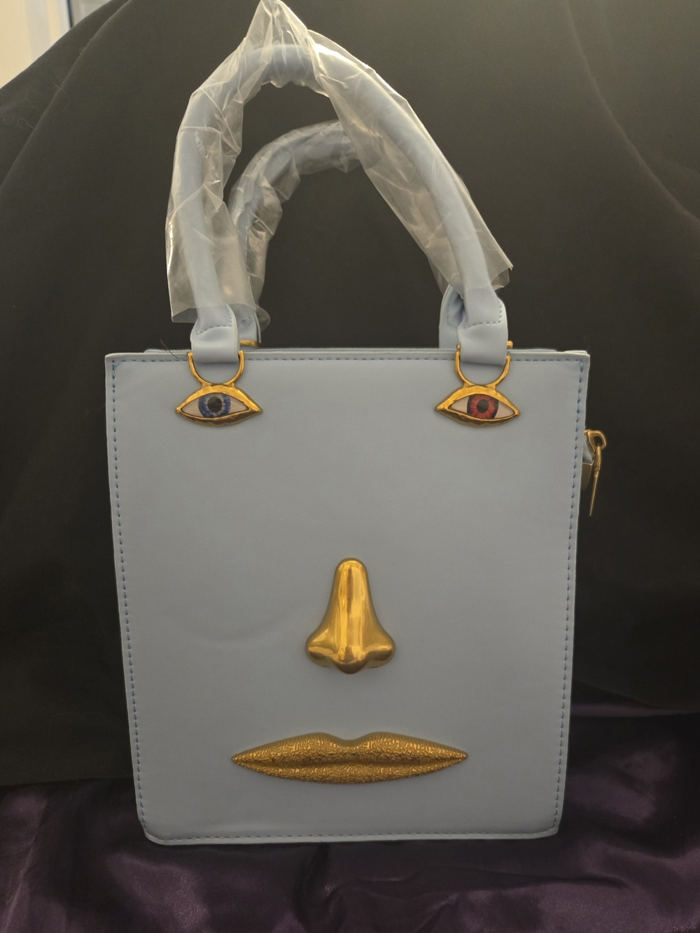 Schiaparelli Inspired Light Blue Novelty Crossbody Bag with Gold Face Accents